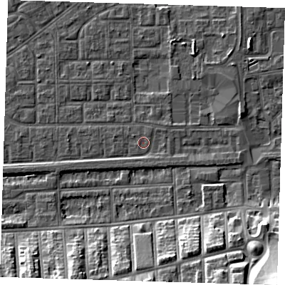 Shaded relief map of the ground around SE29LL, computed from Environment Agency LiDAR. The ground here sits at about 1 m above sea level and falls 20 m across the surrounding 800 m. Surface water reaching this point runs off ground lying to the west-south-west, 1.5 m higher.