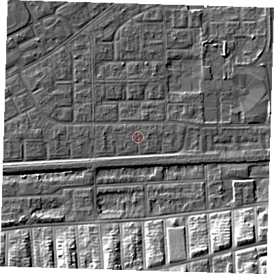 Shaded relief map of the ground around SE29LN, computed from Environment Agency LiDAR. The ground here sits at about 1 m above sea level and falls 16 m across the surrounding 800 m. The ground contributing surface water to this point lies to the east-north-east.