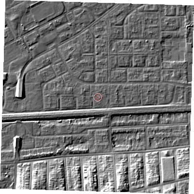 Shaded relief map of the ground around SE29LP, computed from Environment Agency LiDAR. The ground here sits at about 1 m above sea level and falls 14 m across the surrounding 800 m. Surface water reaching this point runs off ground lying to the east-south-east, 0.5 m higher.