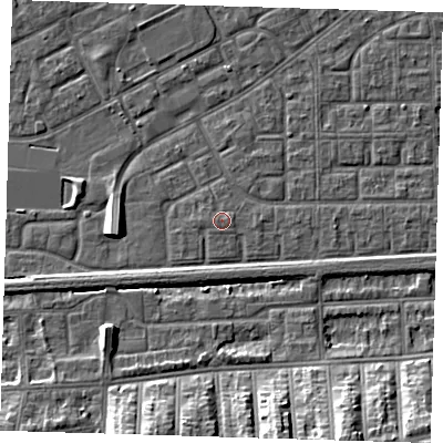 Shaded relief map of the ground around SE29LR, computed from Environment Agency LiDAR. The ground here sits at about 2 m above sea level and falls 12 m across the surrounding 800 m. Surface water reaching this point runs off ground lying to the east-north-east, 0.7 m higher.