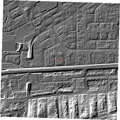 Shaded relief map of the ground around SE29LS, computed from Environment Agency LiDAR. The ground here sits at about 2 m above sea level and falls 13 m across the surrounding 800 m. The ground contributing surface water to this point lies to the south-south-west.