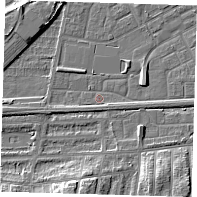 Shaded relief map of the ground around SE29LT, computed from Environment Agency LiDAR. The ground here sits at about 1 m above sea level and falls 11 m across the surrounding 800 m. Surface water reaching this point runs off ground lying to the south-east, 2.3 m higher.