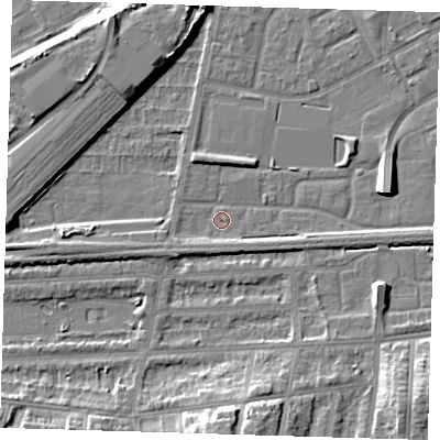 Shaded relief map of the ground around SE29LU, computed from Environment Agency LiDAR. The ground here sits at about 1 m above sea level and falls 11 m across the surrounding 800 m. Surface water reaching this point runs off ground lying to the south-south-east, 2.4 m higher.