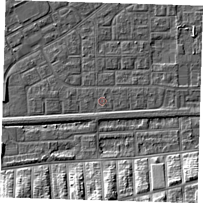 Shaded relief map of the ground around SE29LW, computed from Environment Agency LiDAR. The ground here sits at about 1 m above sea level and falls 14 m across the surrounding 800 m. Surface water reaching this point runs off ground lying to the south-east, 0.5 m higher.