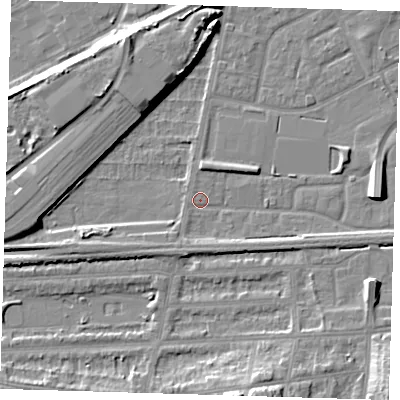 Shaded relief map of the ground around SE29LX, computed from Environment Agency LiDAR. The ground here sits at about 1 m above sea level and falls 10 m across the surrounding 800 m. Surface water reaching this point runs off ground lying to the south-south-west, 2.6 m higher.