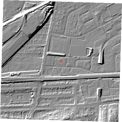 Shaded relief map of the ground around SE29LY, computed from Environment Agency LiDAR. The ground here sits at about 1 m above sea level and falls 10 m across the surrounding 800 m. The ground contributing surface water to this point lies to the north-north-east.