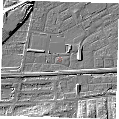 Shaded relief map of the ground around SE29LZ, computed from Environment Agency LiDAR. The ground here sits at about 1 m above sea level and falls 10 m across the surrounding 800 m. Surface water reaching this point runs off ground lying to the west-south-west, 2.6 m higher.