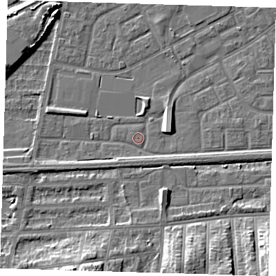 Shaded relief map of the ground around SE29NA, computed from Environment Agency LiDAR. The ground here sits at about 1 m above sea level and falls 11 m across the surrounding 800 m. Surface water reaching this point runs off ground lying to the west-south-west, 2.6 m higher.