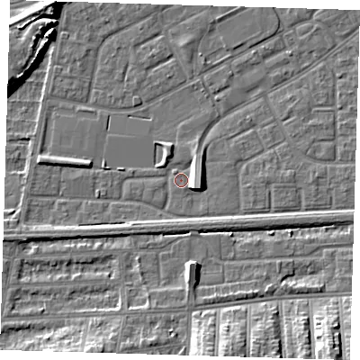 Shaded relief map of the ground around SE29NB, computed from Environment Agency LiDAR. The ground here sits at about 1 m above sea level and falls 11 m across the surrounding 800 m. Surface water reaching this point runs off ground lying to the west-south-west, 2.6 m higher.