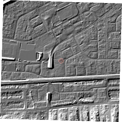 Shaded relief map of the ground around SE29ND, computed from Environment Agency LiDAR. The ground here sits at about 1 m above sea level and falls 11 m across the surrounding 800 m. Surface water reaching this point runs off ground lying to the south-south-east, 1.8 m higher.