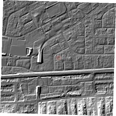 Shaded relief map of the ground around SE29NE, computed from Environment Agency LiDAR. The ground here sits at about 1 m above sea level and falls 12 m across the surrounding 800 m. Surface water reaching this point runs off ground lying to the east-south-east, 0.7 m higher.