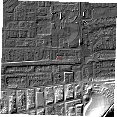 Shaded relief map of the ground around SE29NH, computed from Environment Agency LiDAR. The ground here sits at about 1 m above sea level and falls 27 m across the surrounding 800 m. Surface water reaching this point runs off ground lying to the south-west, 1.4 m higher.