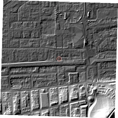 Shaded relief map of the ground around SE29NJ, computed from Environment Agency LiDAR. The ground here sits at about 1 m above sea level and falls 27 m across the surrounding 800 m. Surface water reaching this point runs off ground lying to the south-south-west, 1.4 m higher.