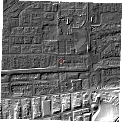 Shaded relief map of the ground around SE29NL, computed from Environment Agency LiDAR. The ground here sits at about 1 m above sea level and falls 24 m across the surrounding 800 m. Surface water reaching this point runs off ground lying to the south, 1.4 m higher.