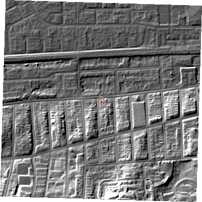 Shaded relief map of the ground around SE29NP, computed from Environment Agency LiDAR. The ground here sits at about 4 m above sea level and falls 28 m across the surrounding 800 m. Surface water reaching this point runs off ground lying to the south-south-west, 9.7 m higher.