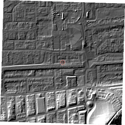 Shaded relief map of the ground around SE29NQ, computed from Environment Agency LiDAR. The ground here sits at about 1 m above sea level and falls 28 m across the surrounding 800 m. Surface water reaching this point runs off ground lying to the west-south-west, 1.4 m higher.
