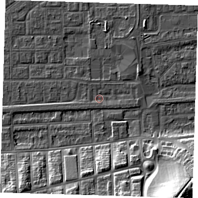 Shaded relief map of the ground around SE29NR, computed from Environment Agency LiDAR. The ground here sits at about 1 m above sea level and falls 28 m across the surrounding 800 m. Surface water reaching this point runs off ground lying to the south-west, 1.4 m higher.