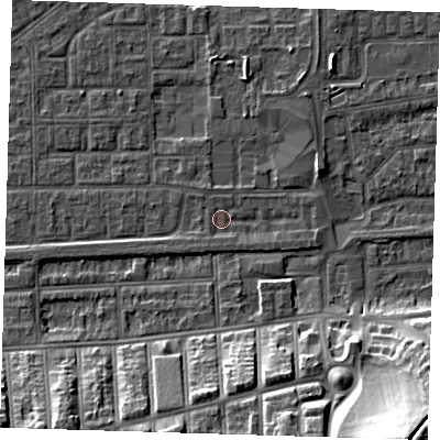 Shaded relief map of the ground around SE29NS, computed from Environment Agency LiDAR. The ground here sits at about 1 m above sea level and falls 26 m across the surrounding 800 m. Surface water reaching this point runs off ground lying to the south-south-west, 1.4 m higher.