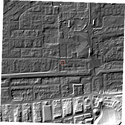Shaded relief map of the ground around SE29NT, computed from Environment Agency LiDAR. The ground here sits at about 2 m above sea level and falls 22 m across the surrounding 800 m. Surface water reaching this point runs off ground lying to the south, 1.4 m higher.