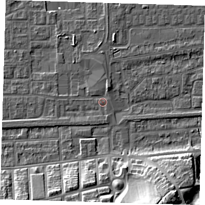 Shaded relief map of the ground around SE29NU, computed from Environment Agency LiDAR. The ground here sits at about 2 m above sea level and falls 21 m across the surrounding 800 m. Surface water reaching this point runs off ground lying to the north-north-east, 2.6 m higher.