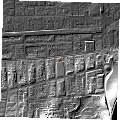 Shaded relief map of the ground around SE29NW, computed from Environment Agency LiDAR. The ground here sits at about 4 m above sea level and falls 42 m across the surrounding 800 m. Surface water reaching this point runs off ground lying to the south, 6.5 m higher.