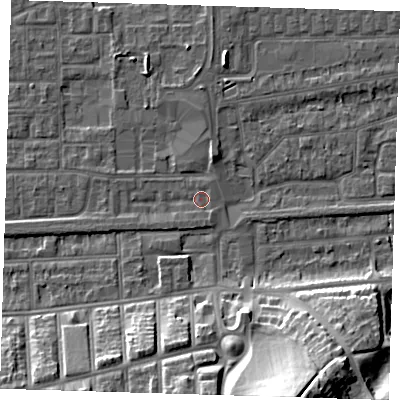 Shaded relief map of the ground around SE29NX, computed from Environment Agency LiDAR. The ground here sits at about 1 m above sea level and falls 25 m across the surrounding 800 m. Surface water reaching this point runs off ground lying to the west-south-west, 1.4 m higher.