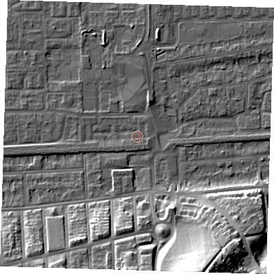 Shaded relief map of the ground around SE29NY, computed from Environment Agency LiDAR. The ground here sits at about 1 m above sea level and falls 27 m across the surrounding 800 m. Surface water reaching this point runs off ground lying to the south-east, 1.0 m higher.