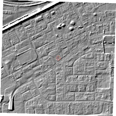 Shaded relief map of the ground around SE29NZ, computed from Environment Agency LiDAR. The ground here sits at about 1 m above sea level and falls 8 m across the surrounding 800 m. Surface water reaching this point runs off ground lying to the north-west, 6.2 m higher.