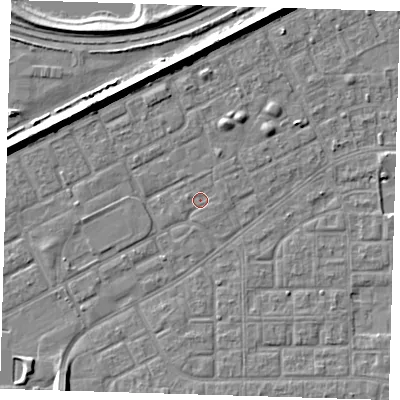 Shaded relief map of the ground around SE29PA, computed from Environment Agency LiDAR. The ground here sits at about 1 m above sea level and falls 8 m across the surrounding 800 m. Surface water reaching this point runs off ground lying to the west-north-west, 0.7 m higher.