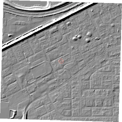 Shaded relief map of the ground around SE29PB, computed from Environment Agency LiDAR. The ground here sits at about 1 m above sea level and falls 7 m across the surrounding 800 m. Surface water reaching this point runs off ground lying to the east, 0.8 m higher.