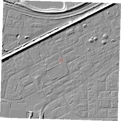 Shaded relief map of the ground around SE29PD, computed from Environment Agency LiDAR. The ground here sits at about 1 m above sea level and falls 8 m across the surrounding 800 m. Surface water reaching this point runs off ground lying to the north-north-west, 6.2 m higher.
