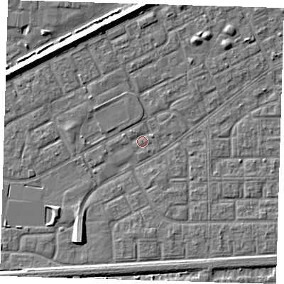 Shaded relief map of the ground around SE29PE, computed from Environment Agency LiDAR. The ground here sits at about 1 m above sea level and falls 7 m across the surrounding 800 m. Surface water reaching this point runs off ground lying to the north-north-west, 0.8 m higher.