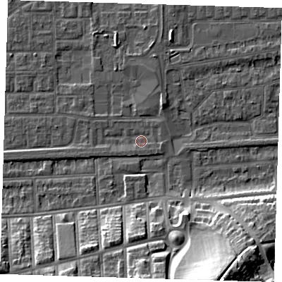 Shaded relief map of the ground around SE29PF, computed from Environment Agency LiDAR. The ground here sits at about 1 m above sea level and falls 27 m across the surrounding 800 m. Surface water reaching this point runs off ground lying to the west-south-west, 1.4 m higher.