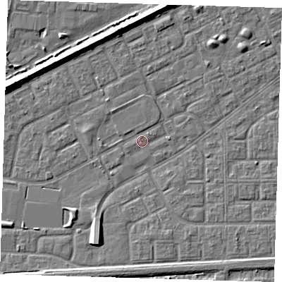 Shaded relief map of the ground around SE29PG, computed from Environment Agency LiDAR. The ground here sits at about 1 m above sea level and falls 7 m across the surrounding 800 m. Surface water reaching this point runs off ground lying to the west-north-west, 1.2 m higher.