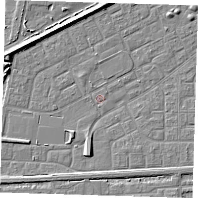 Shaded relief map of the ground around SE29PH, computed from Environment Agency LiDAR. The ground here sits at about 1 m above sea level and falls 7 m across the surrounding 800 m. Surface water reaching this point runs off ground lying to the west-north-west, 6.8 m higher.