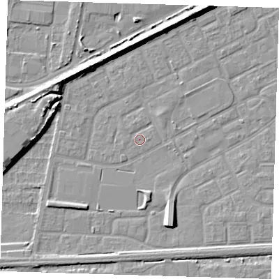 Shaded relief map of the ground around SE29PJ, computed from Environment Agency LiDAR. The ground here sits at about 1 m above sea level and falls 8 m across the surrounding 800 m. Surface water reaching this point runs off ground lying to the east, 1.0 m higher.
