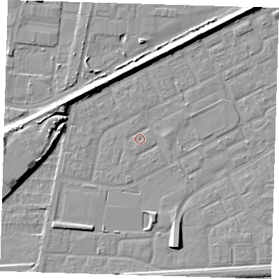Shaded relief map of the ground around SE29PL, computed from Environment Agency LiDAR. The ground here sits at about 1 m above sea level and falls 8 m across the surrounding 800 m. Surface water reaching this point runs off ground lying to the south-south-east, 1.0 m higher.