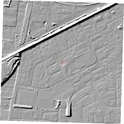 Shaded relief map of the ground around SE29PN, computed from Environment Agency LiDAR. The ground here sits at about 1 m above sea level and falls 8 m across the surrounding 800 m. Surface water reaching this point runs off ground lying to the north, 6.3 m higher.