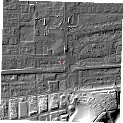 Shaded relief map of the ground around SE29PP, computed from Environment Agency LiDAR. The ground here sits at about 1 m above sea level and falls 23 m across the surrounding 800 m. Surface water reaching this point runs off ground lying to the west-south-west, 1.4 m higher.