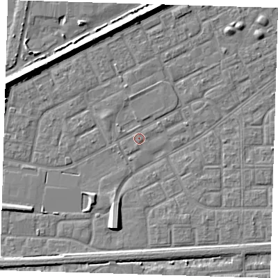 Shaded relief map of the ground around SE29PQ, computed from Environment Agency LiDAR. The ground here sits at about 1 m above sea level and falls 7 m across the surrounding 800 m. Surface water reaching this point runs off ground lying to the south-east, 0.7 m higher.