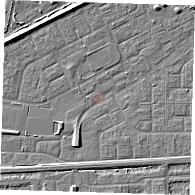 Shaded relief map of the ground around SE29PR, computed from Environment Agency LiDAR. The ground here sits at about 1 m above sea level and falls 7 m across the surrounding 800 m. Surface water reaching this point runs off ground lying to the north-west, 6.6 m higher.