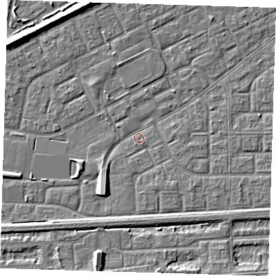 Shaded relief map of the ground around SE29PS, computed from Environment Agency LiDAR. The ground here sits at about 1 m above sea level and falls 7 m across the surrounding 800 m. Surface water reaching this point runs off ground lying to the north-west, 6.6 m higher.
