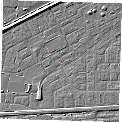 Shaded relief map of the ground around SE29PT, computed from Environment Agency LiDAR. The ground here sits at about 1 m above sea level and falls 7 m across the surrounding 800 m. Surface water reaching this point runs off ground lying to the north-north-west, 6.4 m higher.
