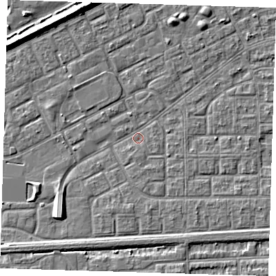 Shaded relief map of the ground around SE29PU, computed from Environment Agency LiDAR. The ground here sits at about 1 m above sea level and falls 7 m across the surrounding 800 m. Surface water reaching this point runs off ground lying to the north-west, 6.4 m higher.