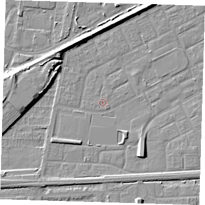 Shaded relief map of the ground around SE29PW, computed from Environment Agency LiDAR. The ground here sits at about 1 m above sea level and falls 8 m across the surrounding 800 m. The ground contributing surface water to this point lies to the north-east.