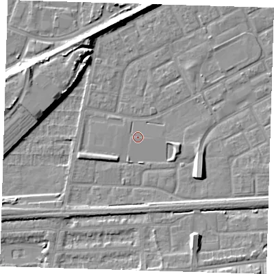 Shaded relief map of the ground around SE29PX, computed from Environment Agency LiDAR. The ground here sits at about 1 m above sea level and falls 8 m across the surrounding 800 m. The ground contributing surface water to this point lies to the west-south-west.