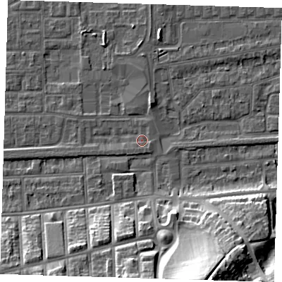 Shaded relief map of the ground around SE29PY, computed from Environment Agency LiDAR. The ground here sits at about 1 m above sea level and falls 27 m across the surrounding 800 m. Surface water reaching this point runs off ground lying to the south-east, 1.0 m higher.