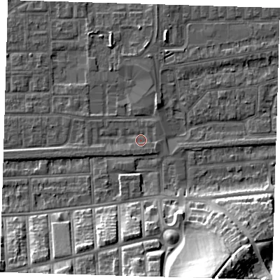 Shaded relief map of the ground around SE29PZ, computed from Environment Agency LiDAR. The ground here sits at about 1 m above sea level and falls 27 m across the surrounding 800 m. Surface water reaching this point runs off ground lying to the west-south-west, 1.4 m higher.