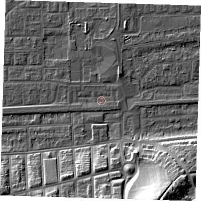 Shaded relief map of the ground around SE29QA, computed from Environment Agency LiDAR. The ground here sits at about 1 m above sea level and falls 27 m across the surrounding 800 m. Surface water reaching this point runs off ground lying to the west-south-west, 1.4 m higher.