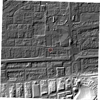Shaded relief map of the ground around SE29QB, computed from Environment Agency LiDAR. The ground here sits at about 1 m above sea level and falls 22 m across the surrounding 800 m. Surface water reaching this point runs off ground lying to the south-south-west, 1.4 m higher.